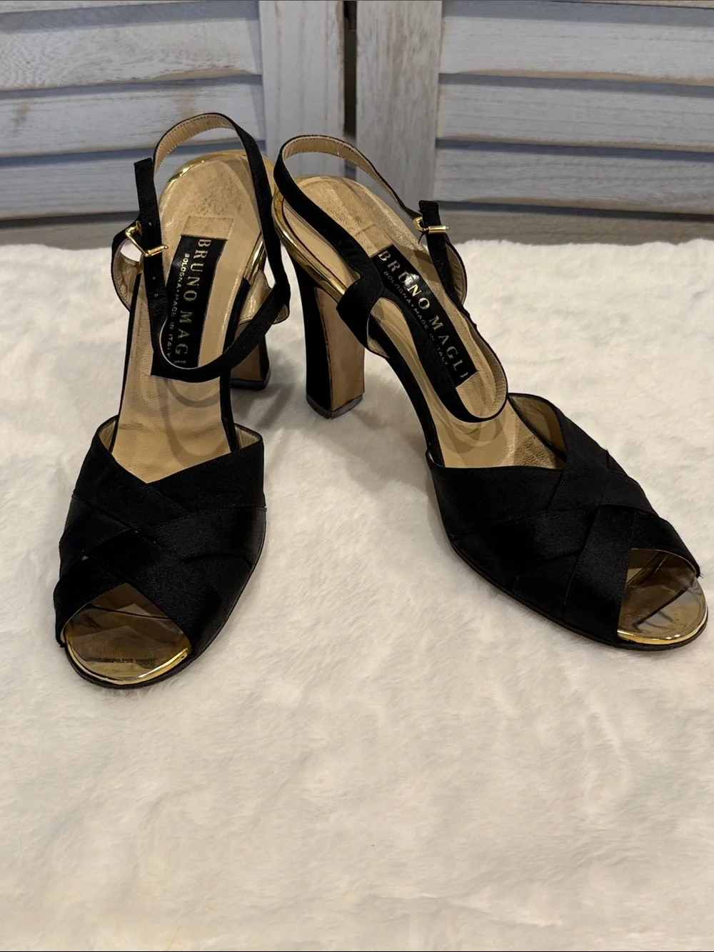 Bruno Magli Black Satin Crisscross Peep Toe Slingback Heels
